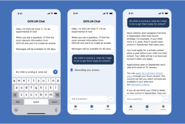GOV.UK Chat の3画面。質問の入力、回答の生成中、出典リンク付きの回答が並んでいる
