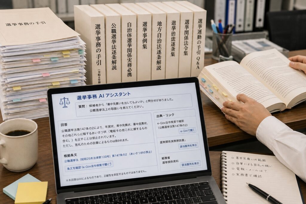 選挙事務担当者への「暑中見舞いは出していいですか？」との質問に、AIが条文付きで答える