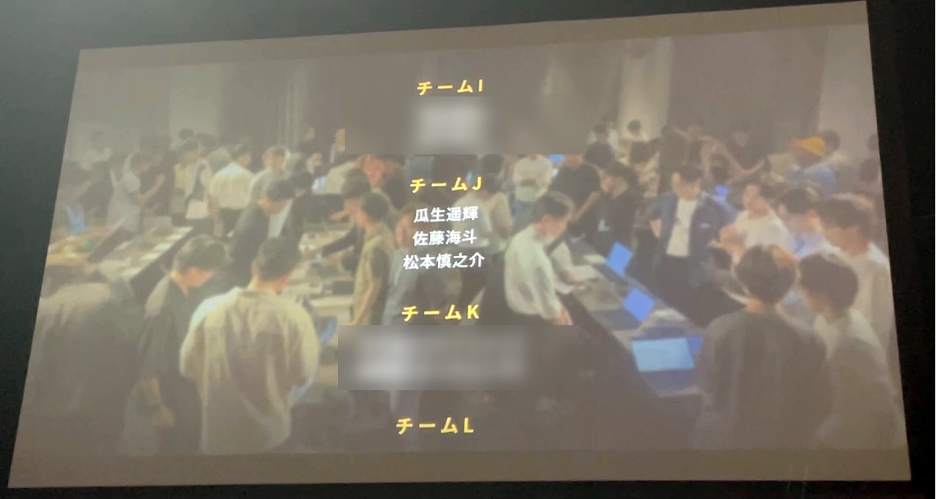 最終発表の会場で、チームJのメンバー紹介がスクリーンに映されている様子