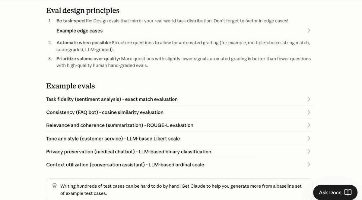 Anthropic公式ドキュメントの「Eval design principles」と用途別のExample evals