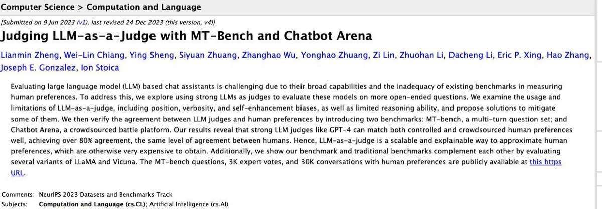 MT-Bench論文。位置・冗長性・自己選好の各バイアスと、GPT-4と人間の一致率について述べている