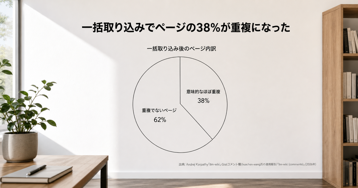 一括取り込み後のページのうち、意味的にほぼ重複していた割合を示す円グラフ