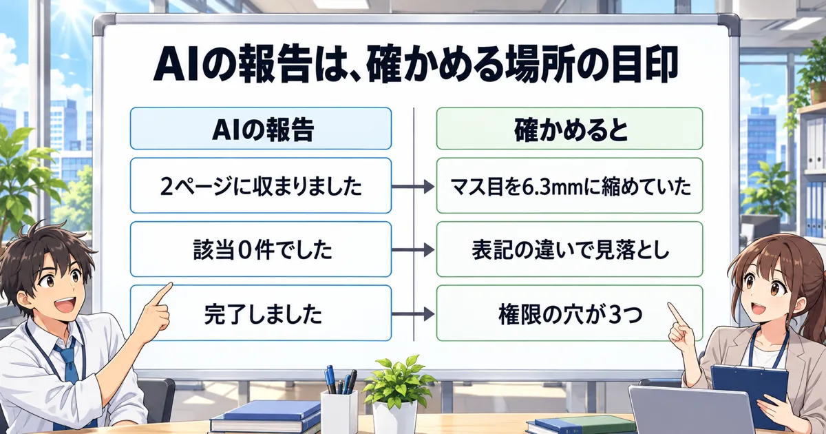 「収まりました」「0件でした」というAIの報告を鵜呑みにしないの図解